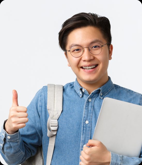 Student with a backpack and laptop giving a thumbs up
